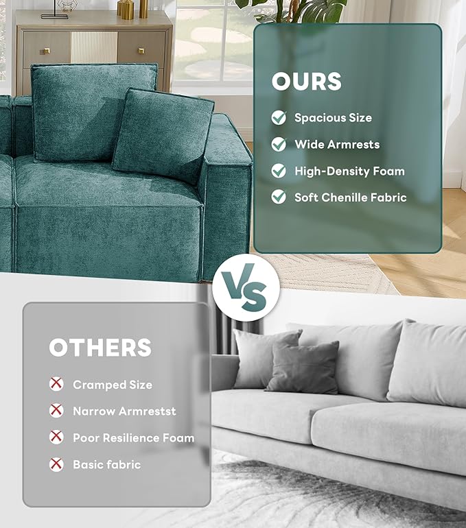 WILLOVE 141'' Modular Sectional Sofa, Chenille Cloud Couch with Wide Armrests & 6 Pillows, Deep Seat Couches for Living Room, Green