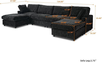 WJShome U Shaped Sectional Couch 134 Inch 4-Seater Modern Modular Sofa with 2 Ottoman,Chenille Deep Seat Couches for Living Room, Bedroom and Apartment，Black