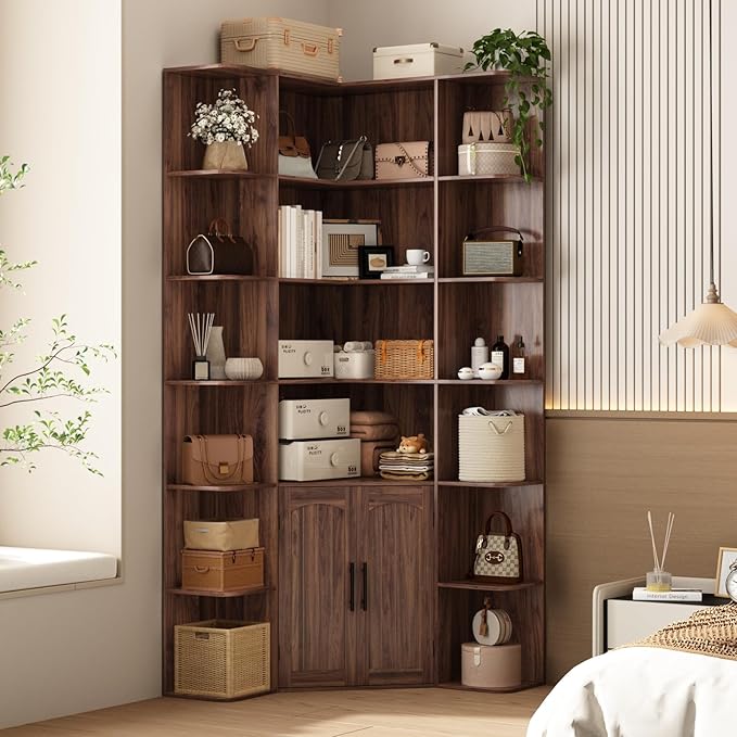 74" Tall Corner Bookshelf with 2 Arched Doors, 6-Tire L Shaped Bookcase with 16 Open Storage Shelves, Rustic Large Corner Shelf with Cabinet for Living Room, Home Office