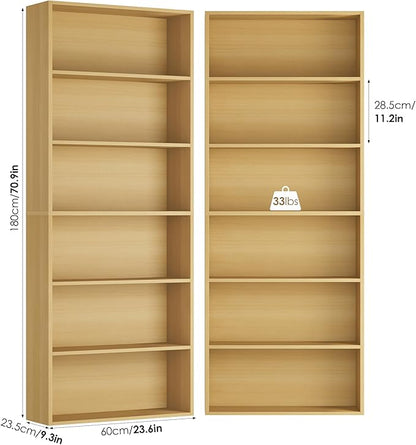 FOTOSOK 70.8" Tall Bookcase Shelf, 6 Tier Wide Bookshelf with Storage, Billy Bookcase Set of 2, Large Bookshelf for Living Room, Home Office, Natural