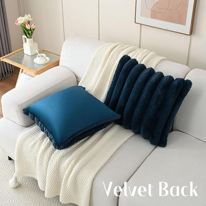 FUTEI Navy Blue Decorative Throw Pillow Covers 24x24 Inch Set of 2, Square Soft Faux Rabbit Fur Thick Striped European Cushion Covers,Winter Home Decor for Couch Bed Living Room