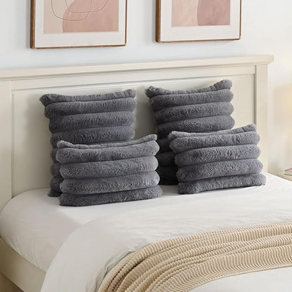 FUTEI Grey Decorative Throw Pillow Covers 24x24 Inch Set of 2, Square Soft Faux Rabbit Fur Thick Striped European Cushion Covers,Winter Home Decor for Couch Bed Living Room
