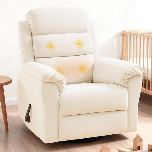 FLEXISPOT XRC6 Nursery Swivel Rocker Recliner with Massage & Heat, Rocking Glider Chair w/ 28" High Back, Comfy Upholstered Armchair for Living Room Nursery, FSC Certified(Premium Chenille, Beige)