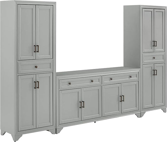 Crosley Furniture Tara 3-Piece Modern Farmhouse Sideboard Buffet Cabinet and Kitchen Storage Pantry Set, Distressed Gray