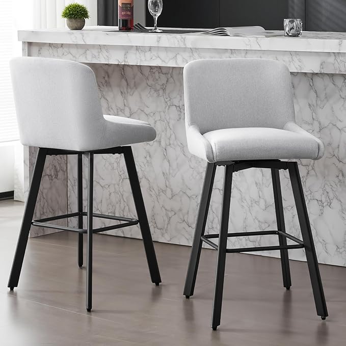 Swivel Bar Stools Set of 3, 30''H Upholstered Barstools with Backs, Modern Counter Height Bar Stool Chairs for Kitchen Island, Metal Legs, Fabric, Light Gray Counter Stools