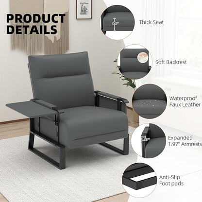 Upholstered Accent Chair, Modern Faux Leather Sofa Chair with Foldable Side Tray Table & Storage Pocket, Small Accent Sofa for Living Room, Bedroom, Reception Room, Gray