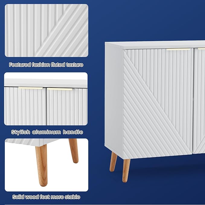 Modern Buffet Cabinet, Fluted Sideboard Buffet Cabinet with Storage, Wood Accent Table with Adjustable Shelf for Living Room, Entryway, White