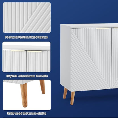 Modern Buffet Cabinet, Fluted Sideboard Buffet Cabinet with Storage, Wood Accent Table with Adjustable Shelf for Living Room, Entryway, White