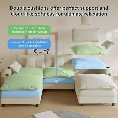 Cloud Couch, Modular Sectional Sofa with Ottoman, Charging Station, Throw Pillows, Cup Holders, Modern Convertible L Shaped Couches for Living Room, Bedroom (White, 116"- U Shape)