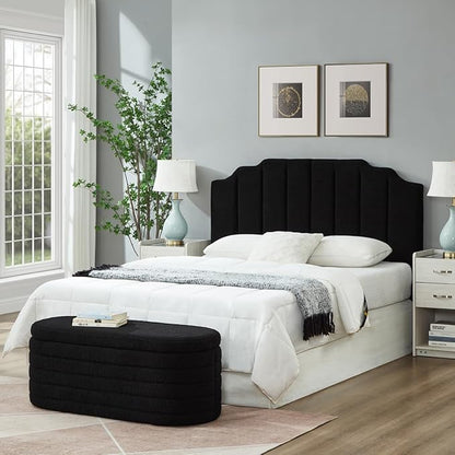 24KF Black Teddy Fabric Tufted for Queen Upholstered Headboard, Modern Vertical Channel Design Full Headboard with Stepped Silhouette Top Edge, 6026-Q-Teddy Black