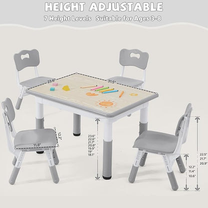 Adjustable Kids Table Chairs Set – Graffiti Desktop, Multi-Activity Height-Adjustable Toddler Study Desk for Ages 3-8 – Ideal for Home, Classroom, Daycare (W-Gray, 4 Chairs-31.5" L x 23.6" W)