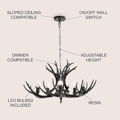 JONATHAN Y JYL6300C Eldora 30" Adjustable Resin Antler 5-Light LED Chandelier, Glam, Rustic,Cottage,Transitional, Dimmable Dining Room, Living Room, Kitchen, Foyer, Bedroom, Black
