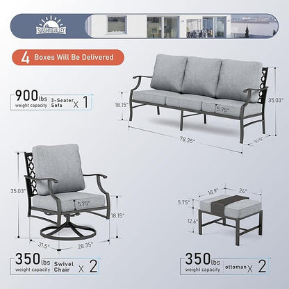 5 Piece Metal Outdoor Patio Furniture Sets, Patio Conversation Sets 1 3-Seater Sofa, 2 Swivel Chairs, 2 Ottomans with 5.75" Thick Cushion, Black All-Weather Backyard Furniture, Gray