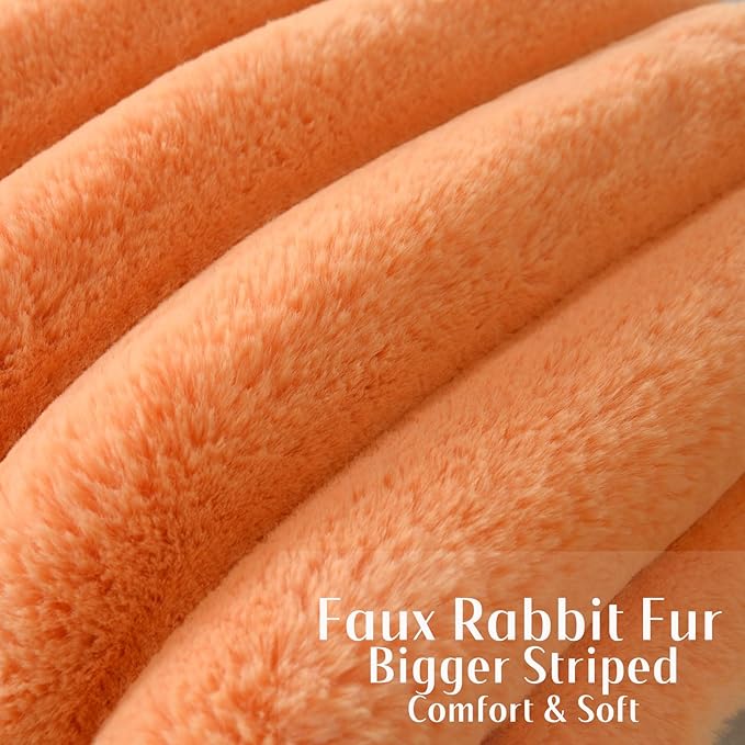 FUTEI Orange Decorative Throw Pillow Covers 16x16 Inch Set of 2, Square Soft Faux Rabbit Fur Thick Striped Cushion Cover,Winter Home Decor for Couch Bed Living Room