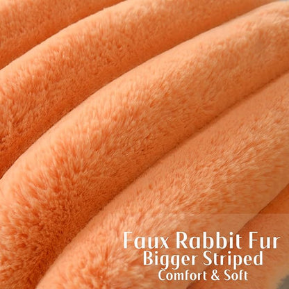 FUTEI Orange Decorative Throw Pillow Covers 16x16 Inch Set of 2, Square Soft Faux Rabbit Fur Thick Striped Cushion Cover,Winter Home Decor for Couch Bed Living Room