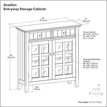 SIMPLIHOME Acadian SOLID WOOD 36 inch Wide Transitional Entryway Storage Cabinet in Natural Aged Brown for the Living Room, Entryway and Family Room