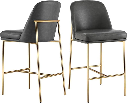 CHITA Counter Height Bar Stools Set of 2, FSC Certified Metal Barstools for Kitchen Island, 27" H Seat Height, Faux Leather, Grey