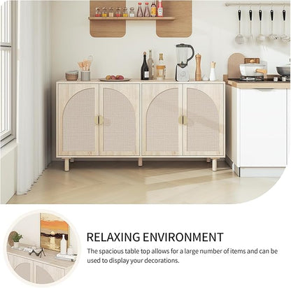 Beige Sideboard Cabinet with 4 Rattan Doors, Rattan Buffet Cabinet with Adjustable Shelves & Pine Legs, Boho Sideboard Buffet for Living Room, Kitchen, Entryway, Beige