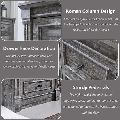 26" Tall 2 Drawers Dresser for Bedroom, Farmhouse 23.6" Wide Large Nightstand with Charging Station, Wood Rustic Side Table w/Roman Column, End Table for Bedroom, Living Room, Light Grey