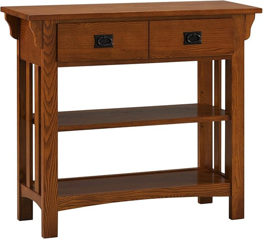 Leick Home Mission Impeccable Bookshelf, Solid Wood, 2 Drawers, 2 Shelves, Slatted Sides, Blackened Hardware, Easy Assembly, Russet Brown, 12 in D x 34 in W x 30 in H, Item 8261