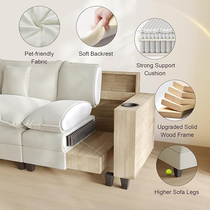 Cloud Couch, Modular Sectional Sofa with Ottoman, Charging Station, Throw Pillows, Cup Holders, Modern Convertible L Shaped Couches for Living Room, Bedroom (White, 152"- L Shape)