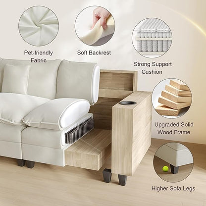 Cloud Couch, Modular Sectional Sofa with Ottoman, Charging Station, Throw Pillows, Cup Holders, Modern Convertible L Shaped Couches for Living Room, Bedroom (White, 152"- L Shape)