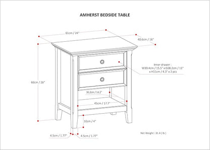 SIMPLIHOME Amherst SOLID WOOD 24 Inch Wide Traditional Bedside Nightstand Table in Black, For the Living Room and Bedroom