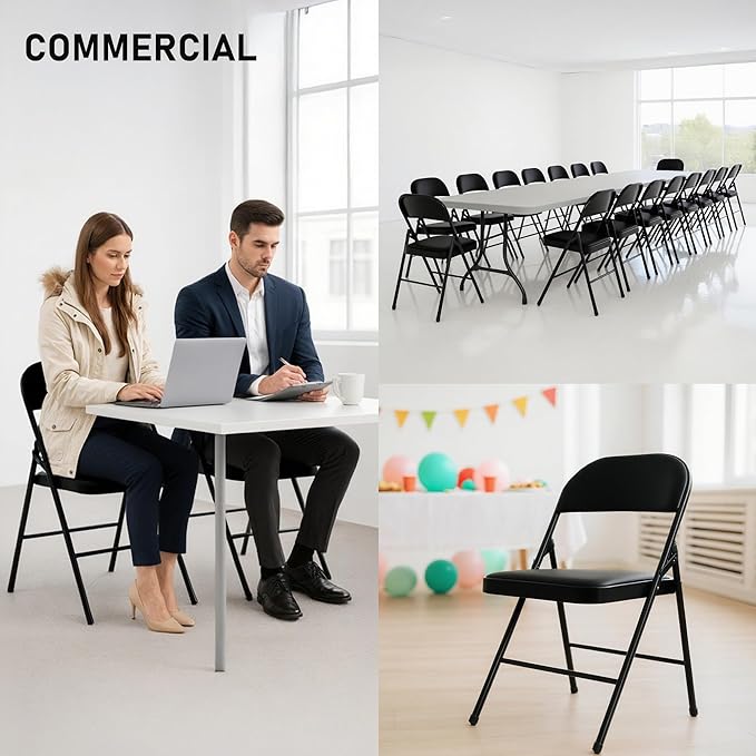 SEALAMB 10 Pack Black Folding Chairs with Padded Seats & Cushion, Durable Metal Foldable Chairs for Wedding Party, Commercial Chairs for Office School Church Events, 330lb Capacity (Black-PU, 10 Pack)