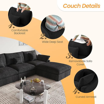 JACH Sectional Couches for Living Room, Cloud Sectional Couch with Deep Seat, Love Seat Modular Sofa with Chaise, Covers Removeable & Washable, Sofas Furniture for Living Room, Black