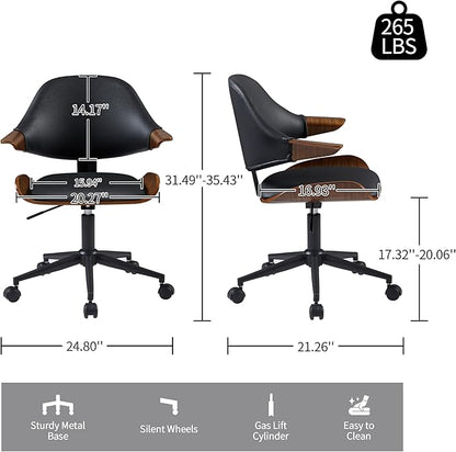 Art Leon Swivel Desk Chairs, Set of 2, Mid Century Modern Office Chairs with Wheels, Faux Leather Upholstered Armchairs, Adjustable Height Task Chairs with Metal Base, Walnut Bentwood, Black