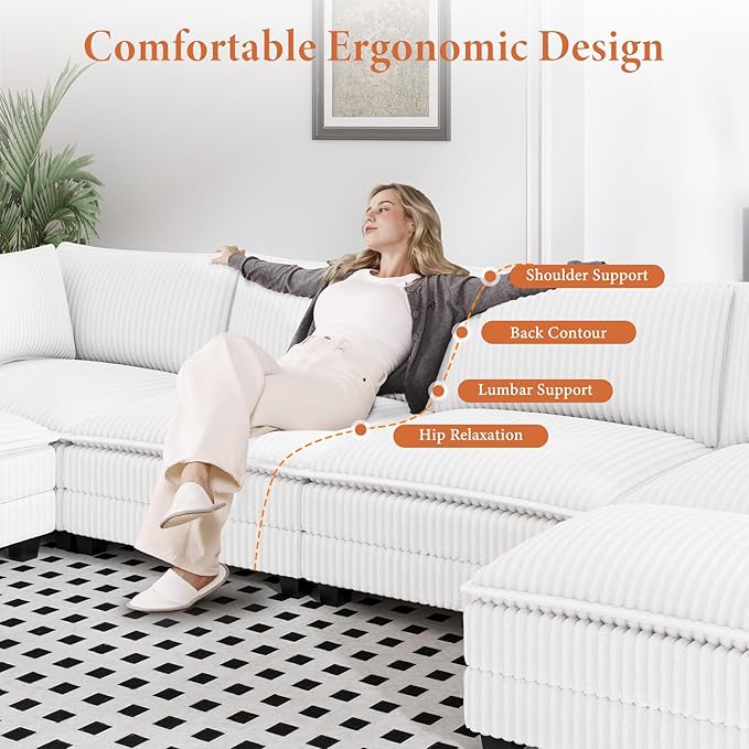 Vesgantti 109" L Shaped Cloud Sectional Couch, Comfy Corduroy Upholstered Modular Couches for Living Room, Modern Modular Sectional Sofa with Ottoman Deep Seat, Warm White