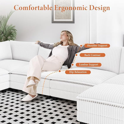Vesgantti 143" L Shaped Modular Sectional Sofa, Comfy Corduroy Upholstered Modular Sectional Couches for Living Room, Modern Cloud Couch with Ottoman Deep Seat, Warm White