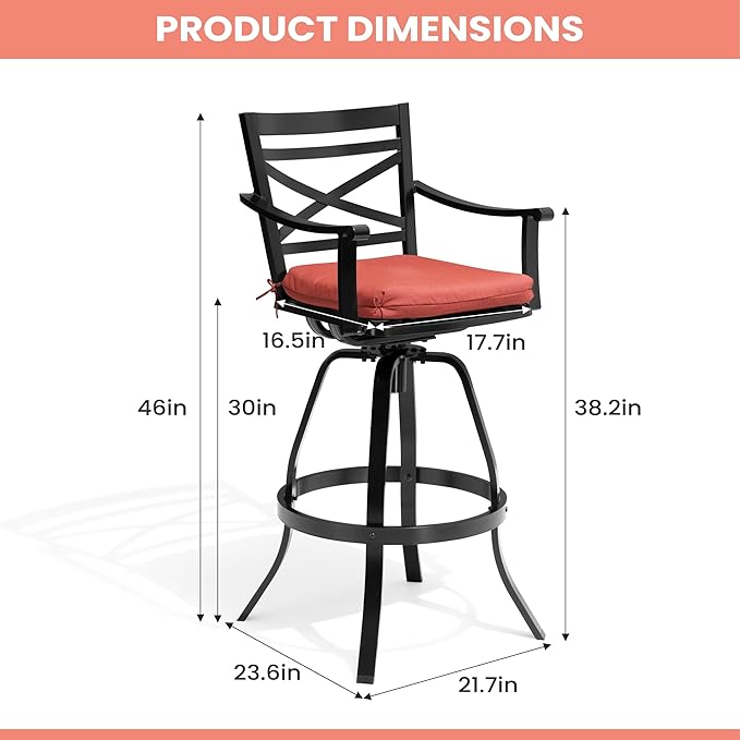 Pellebant 30" Sunbrella Outdoor Bar Stools Set of 6, Aluminum Swivel Patio Bar Height Bar Stools with Back & Footrest, for Deck Lawn Garden(Red)