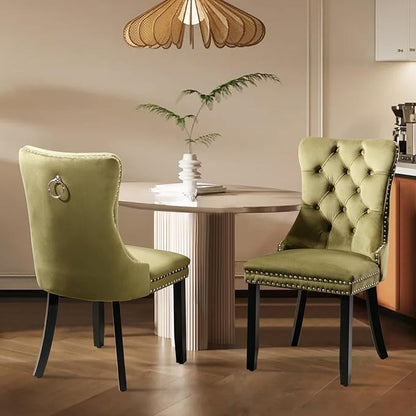 Velvet Upholstered Dining Chairs Set of 2, Modern Style Kitchen Side Chairs with Nailhead Trim and Wood Legs,Metal Pulling Ring for Dining Room Living Room(Olive Green,Set of 2)