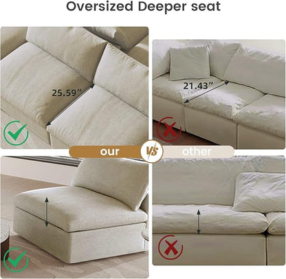 120" Cloud Modular Sectional Sofa with Storage Ottoman,Down Filled Comfort U Shaped Sofa Couch for Living Room,Minimalist Wide Deep Seat 5 Seater Convertible Couches for Office Apartment,Khaki