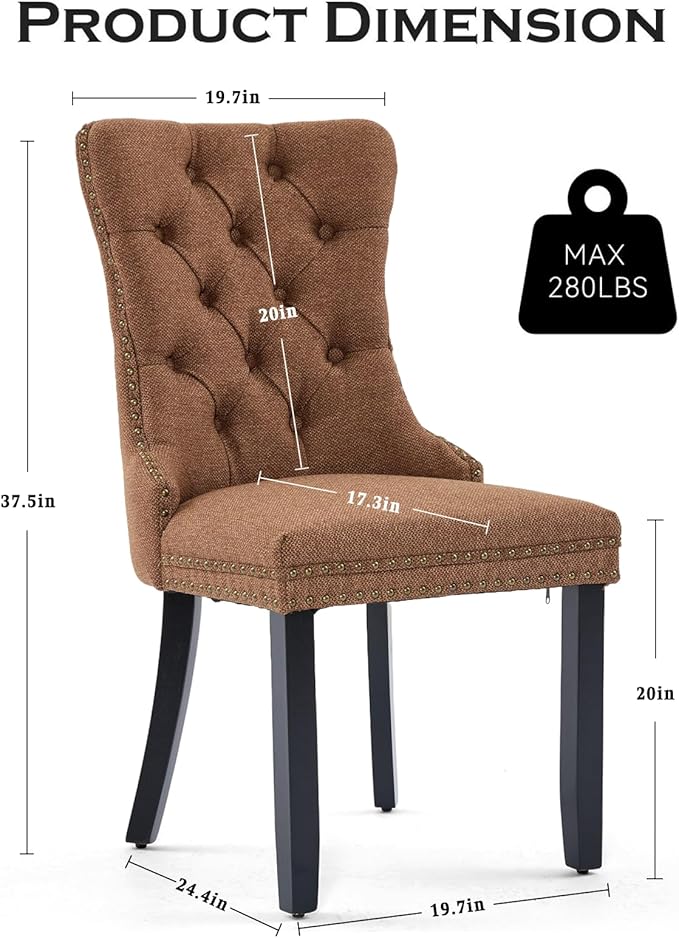Linen Upholstered Dining Chairs Set of 2, Modern Style Kitchen Side Chairs with Nailhead Trim and Wood Leg, Metal Pulling Ring for Dining Room Living Room(Coffee,Set of 2)