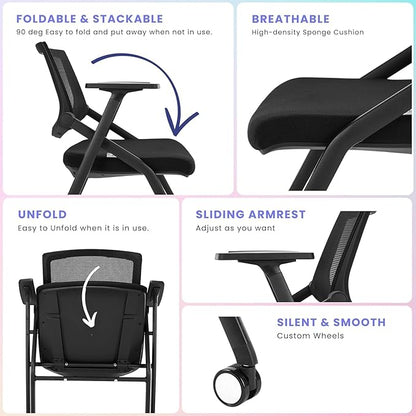 20 Pack Conference Room Chairs with Wheels and Paddle, Ergonomic Mesh Back and Arms for Home Office Desk Folding Chairs Black (10 Boxes)