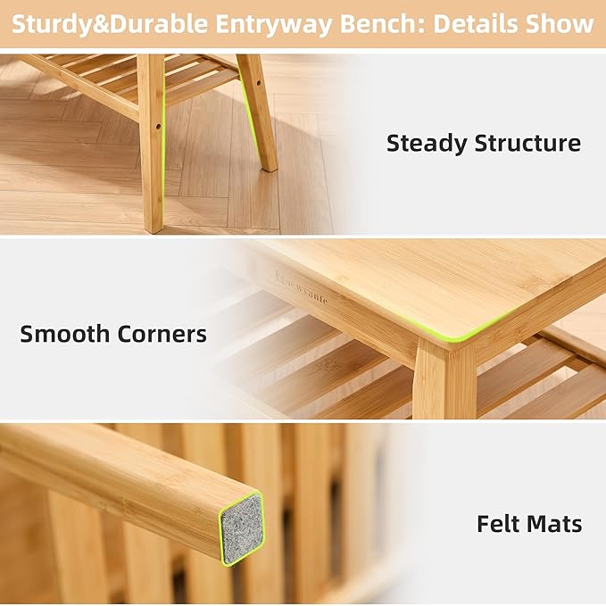 Nnewvante Bamboo Dining Bench, 33.46" Indoor Storage Bench, Small Wood Benches for Entryway, Living Room, Bedroom, Hallway, Outdoor Wooden Bench, Holds up to 300lbs