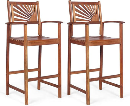COSTWAY Bar Stools Set of 2, Outdoor Acacia Wood Bar Chairs with Sunflower Backrest, Curved Armrests & Breathable Seat, Ideal for Balcony, Sunroom, Patio, Easy Assembly
