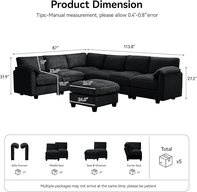 114'' V-Shaped Sectional Cloud Couch with Ottoman, 7-Seater Modular Couches for Living Room, Corduroy Oversized Deep Seat Sofa with Center Stitched, Black