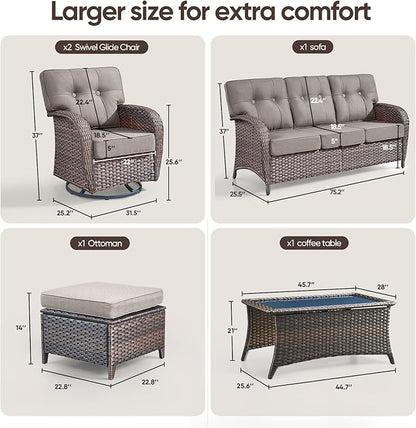 6-Piece Rotating Balcony Chair Set with 31-inch T-Shaped Wide backrest - Rattan Outdoor Rotating Balcony Chairs, Wide backrest Comfortable Outdoor Sliding Chair - Brown | Grey