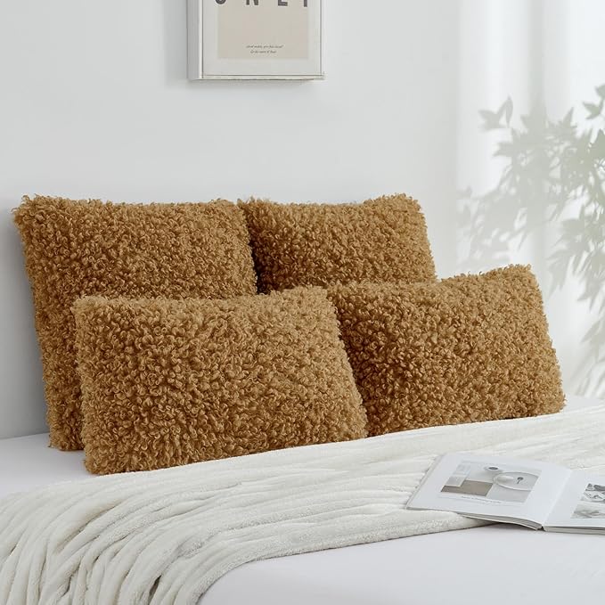 FUTEI Camel Decorative Throw Pillow Covers 18x18 Inch Set of 2,Soft Fluffy Faux Wool Fur Boucle Textured Cushion Case,Modern Home Decor for Couch Bed Living Room Office