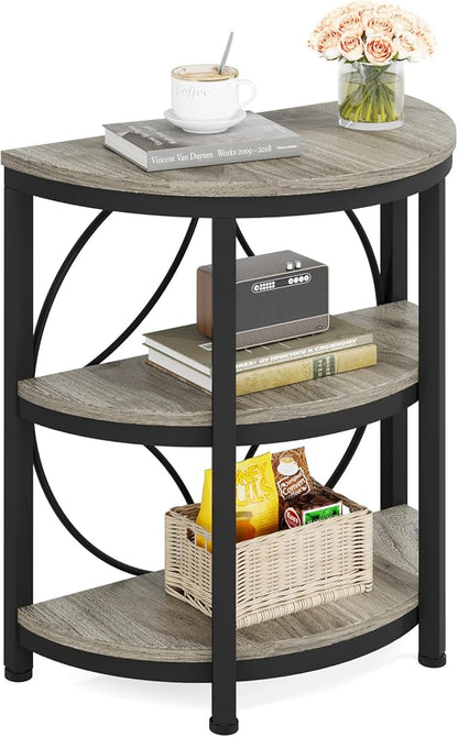 Tribesigns Half Round End Table for Living Room, 3-Tier Half Side Table with Metal Frame, Industrial Half Moon Table with Storage Shelves, Half Circle Accent Table for Entryway, Bedroom, Grey