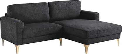 Studio Living® Matthew 83.5" Sofa Chaise, Mid-Century Modern, Pocket Coil Comfort, Reversable Chaise, Metal Brushed Bronze Legs, Chenille Fabric, Black