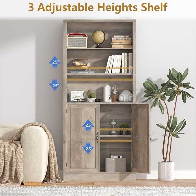 72'' Tall Bookcase with Doors, Adjustable Shelves, P2 MDF Construction, 32'' Wide Freestanding Cabinet with Metal Handles, Hidden Storage for Living Room, Bedroom, Grey