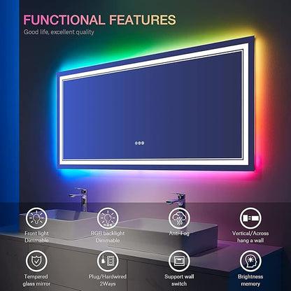 72x32 Inch Bathroom LED Vanity Mirror with RGB Lights Color Changing Backlit Bathroom Mirror Dimmable Anti-Fog led Mirror for Bathroom (RGB Multicolor Backlit+Adjustable Front-Lighted)