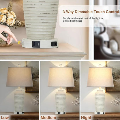 25" Retro White Farmhouse Jar Table Lamps Set of 2, 3 Way Touch Control Rustic Bedside Lamps with USB A+C Ports & AC Outlet, Pot Nightstand Lamps for Bedroom Living Room (LED Bulbs Included)