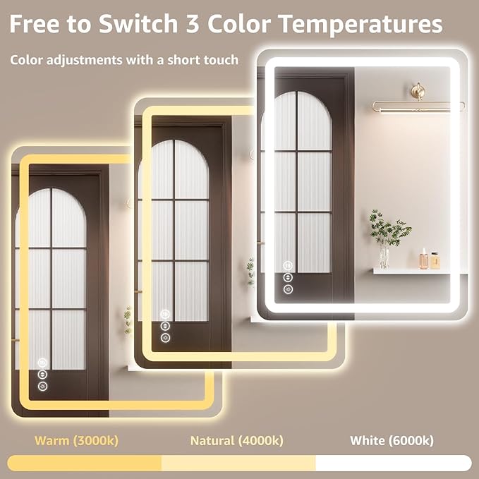 55" x 30" Led Bathroom Mirror with Lights, Anti-Fog & Tri-Color Lighting - Wall Mounted Shaving Mirror with Touch Sensor, Waterproof & Smart LED Vanity Mirror,Tempered Glass, Dimmable Smart Mirror