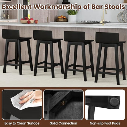 COSTWAY Solid Wood Bar Stools Set of 4, 24.5-inch Counter Height Chairs with Low Back and Footrest, Farmhouse Wooden Armless barstools for Kitchen Island, Dining Room, Cafe, Breakfast, Black