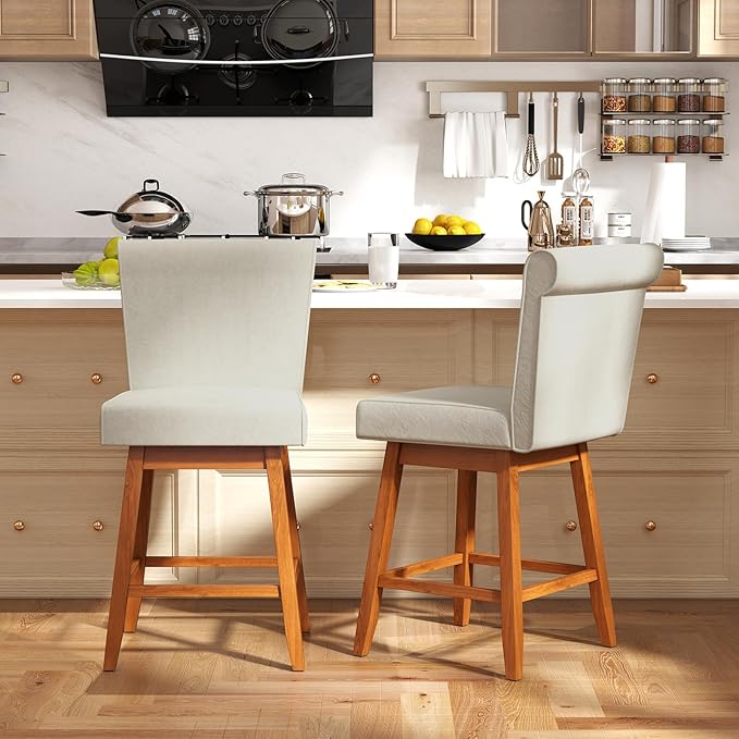 COSTWAY Swivel Bar Stools Set of 4, 27" Counter Height Bar Chairs with Rubber Wood Legs, Upholstered Linen Barstools with Back & Cushioned Seat, for Kitchen Island, Home, Beige